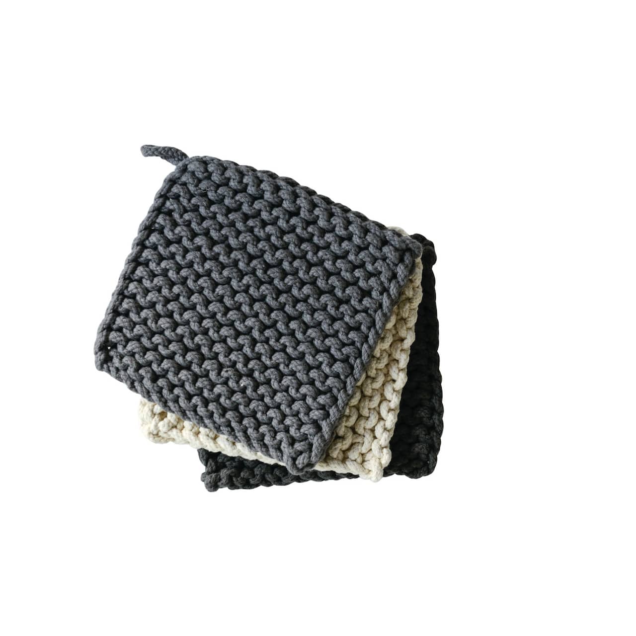 Hello Honey® 8" Black, Gray & Cream Square Cotton Crocheted Pot Holder Set